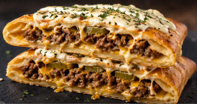Cross-section of the Big Wild pie — smashed beef, melted cheddar, dill pickle and wild sauce