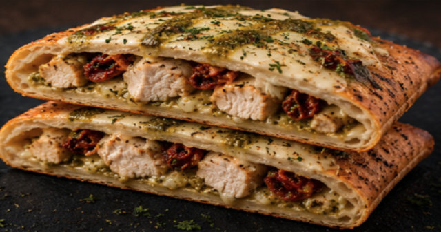 Cross-section of the Glamper pie — pesto chicken with sun-dried tomato