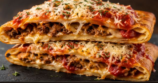 Cross-section of the Happy Camper pie — slow-simmered meat sauce and melted cheese