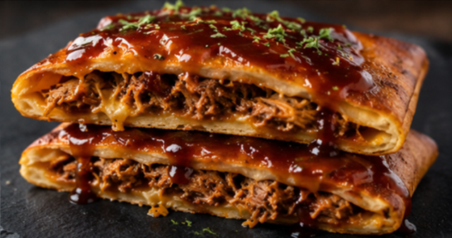 Cross-section of the Hearty Hiker pie — smoked pulled pork glazed in BBQ sauce