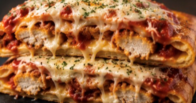 Cross-section of the Northern Lights pie — crispy chicken, marinara and mozzarella