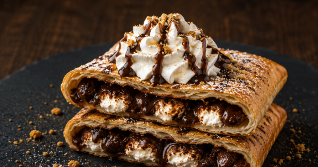 S'More Please pie — milk chocolate and gooey marshmallow under whipped cream and graham crumble