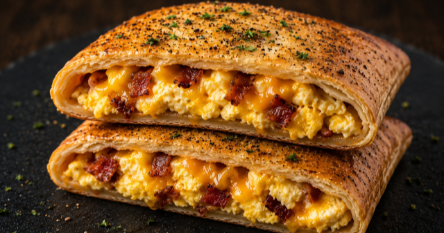 Cross-section of the Snooze Alarm pie — scrambled egg, breakfast protein and marble cheese