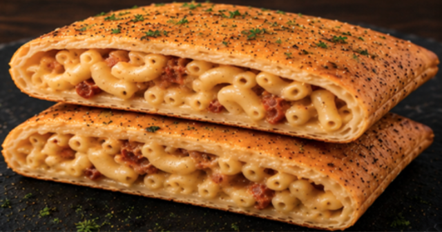 Cross-section of the Southern Comfort pie — bacon mac and cheese