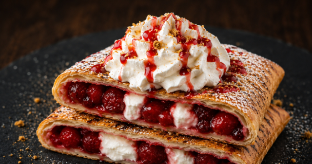 Sweet Dream pie — berry filling and vanilla cream under whipped cream and graham crumble