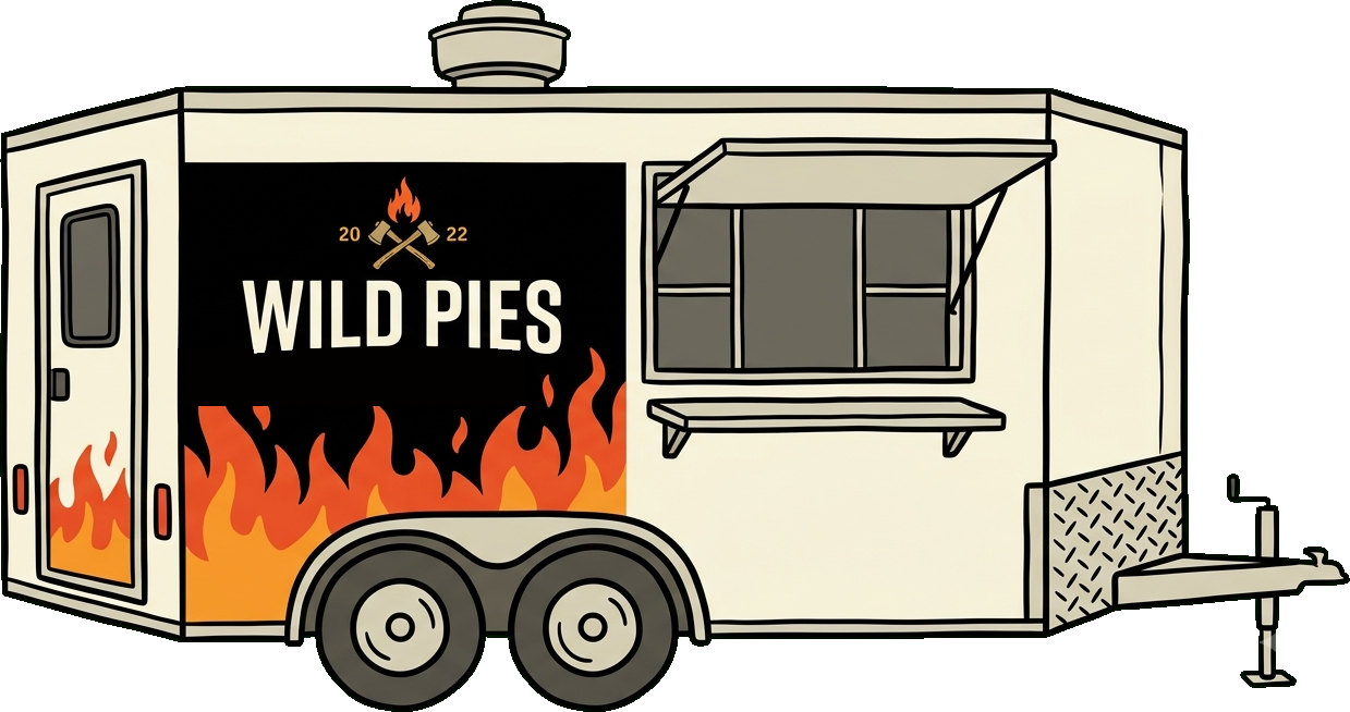 The Wild Pies concession trailer — cream trailer with a black side panel, flame graphics and the Wild Pies crossed-irons logo